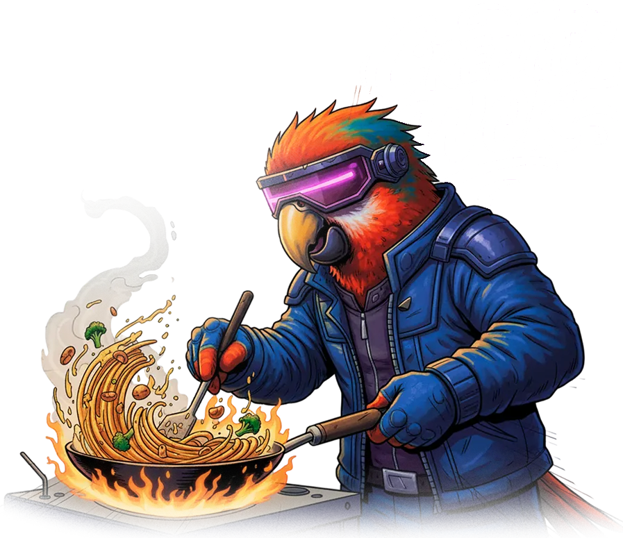 CUBE mascot cooking wok